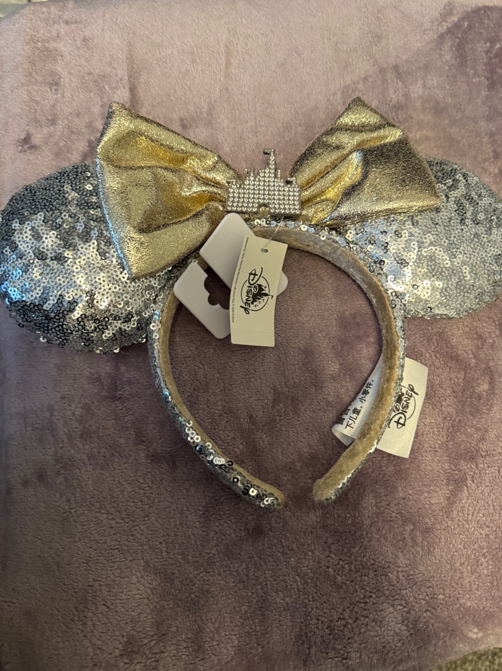 Disney Silver Sequin Minnie Ears Headband with Gold Bow